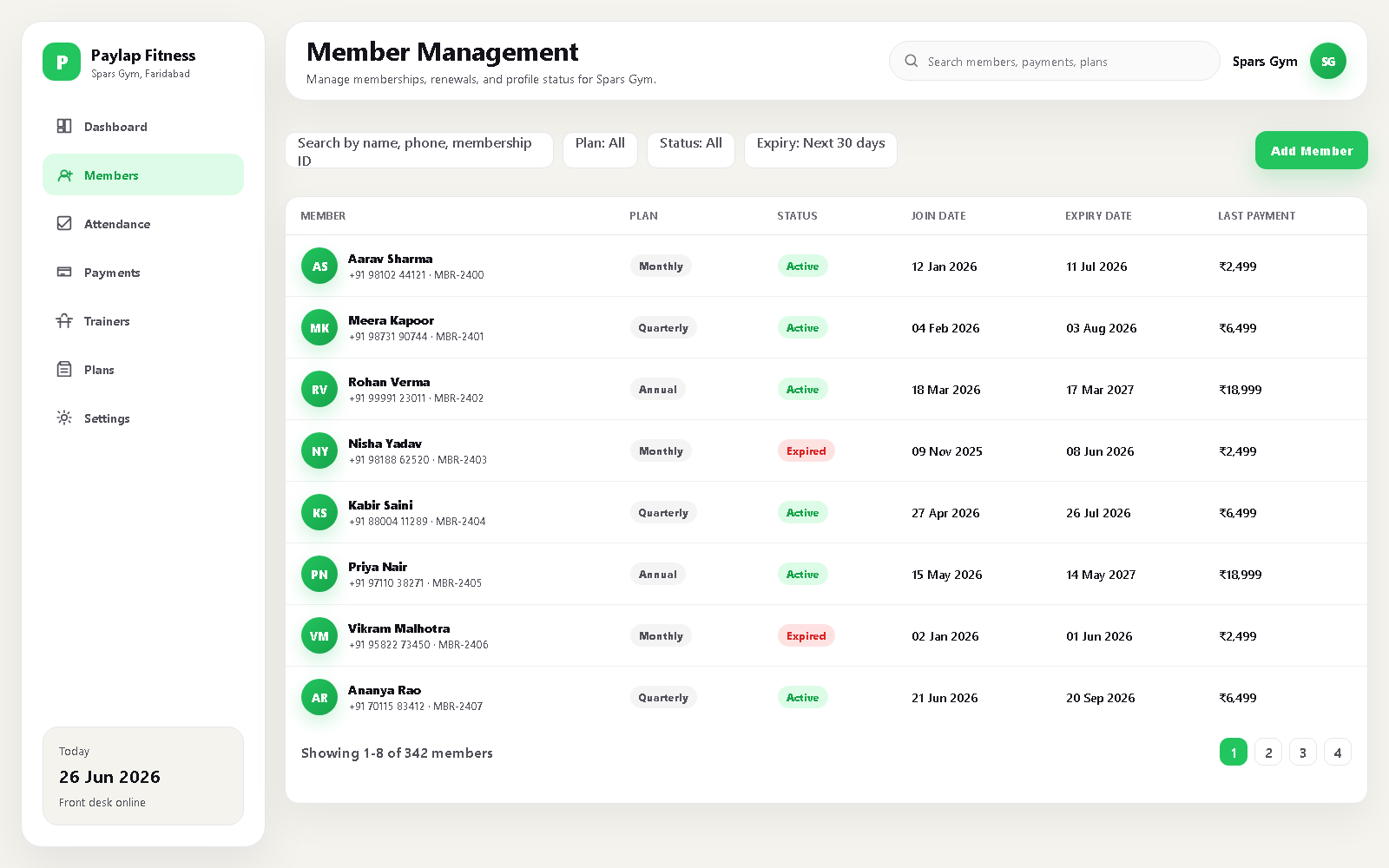 Members list, web dashboard