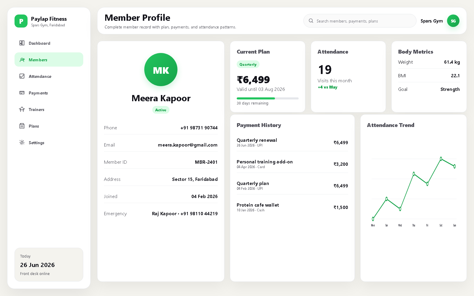 Member profile detail, web dashboard